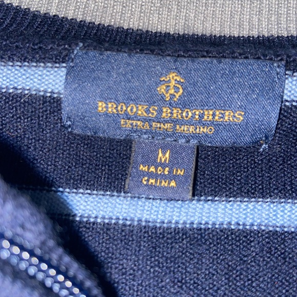 Brooks Brothers 100% Fine Merino Wool Half Zip Sweater- Navy Blue Stripes - Picture 3 of 13
